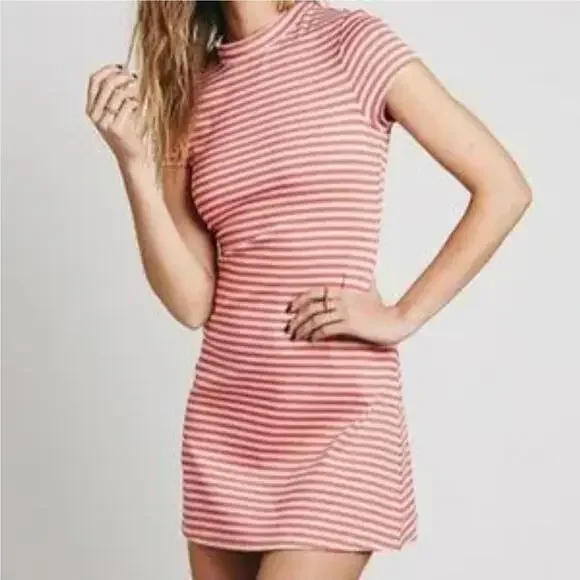 Free People Beach On The Line Mock Neck Pink Gray Striped Mini Dress XS