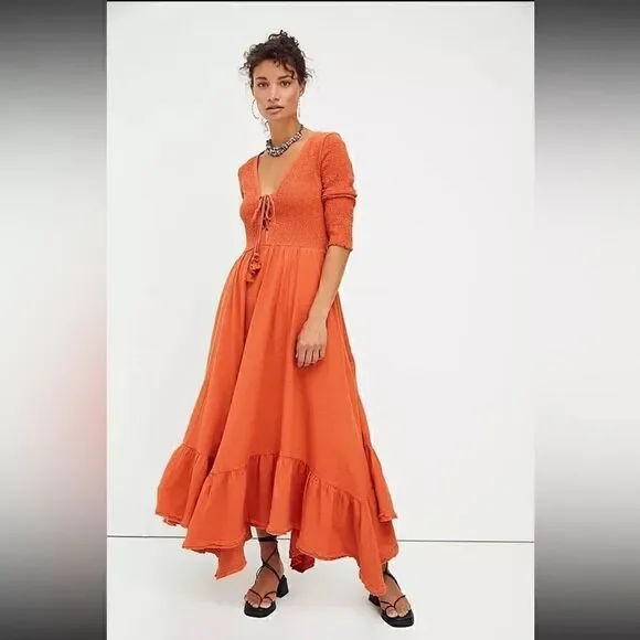 NEW FREE PEOPLE ENDLESS SUMMER PERFECT SOLUTION SMOCKED LACE UP MAXI DRESS