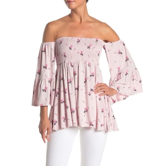Free People Lana Off Shoulder Smocked Top Small Boho Cottagecore Floral Fairy