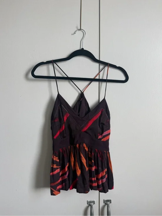 Free People Sleeveless V-Neck Multi-Stripe Peplum Top in Deep Plum and Orange