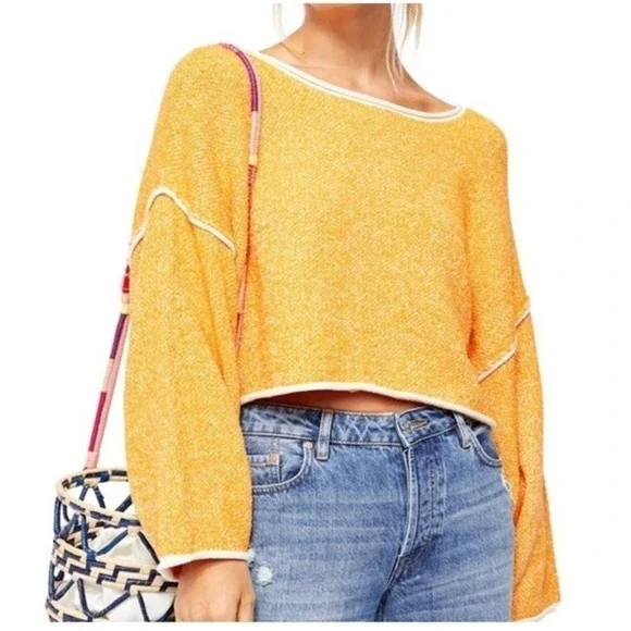 Free People Boho Cropped Lightweight Knit Top S Coastal Contrast Trim Indie Boxy
