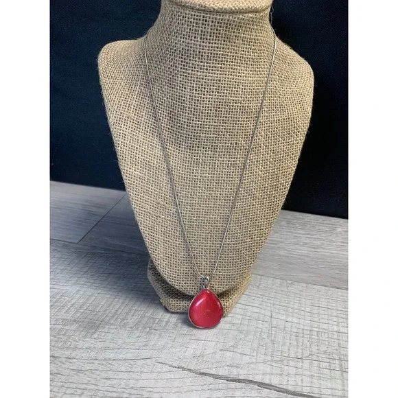 Red Teardrop Pendant Necklace Silver Tone Snake Chain Adjustable 20 Inch