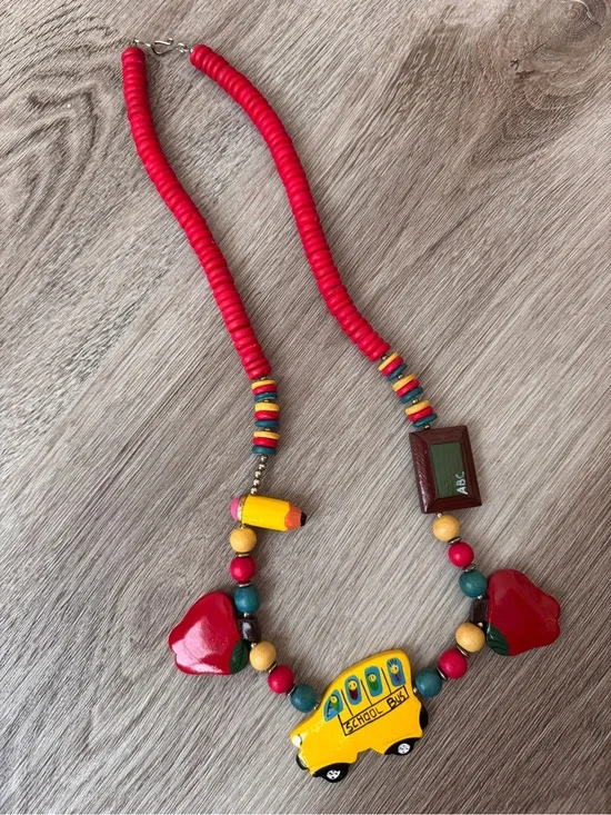 Teacher School Necklace Beaded Pencil Apple Bus Whimsical Vintage Red