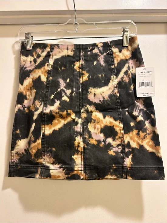 Free People Black Tie-Dye Panel Mini Skirt with Tan and Pink Accents