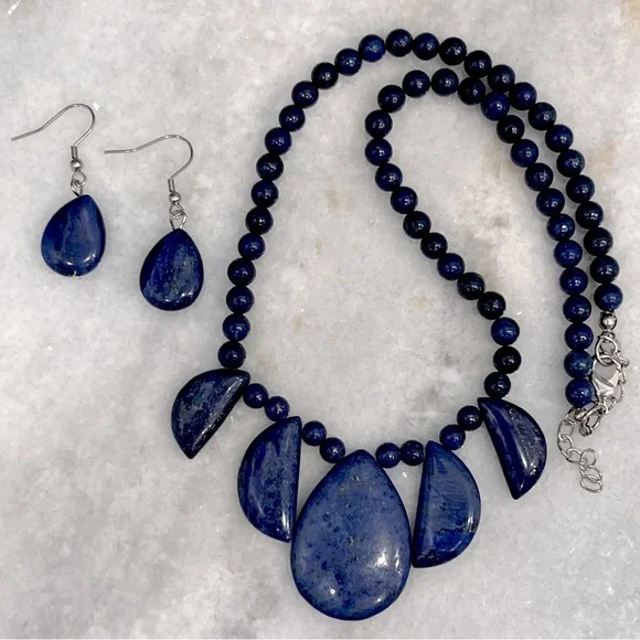 Lapis Lazuli Beaded Pendant Necklace & Earring Set