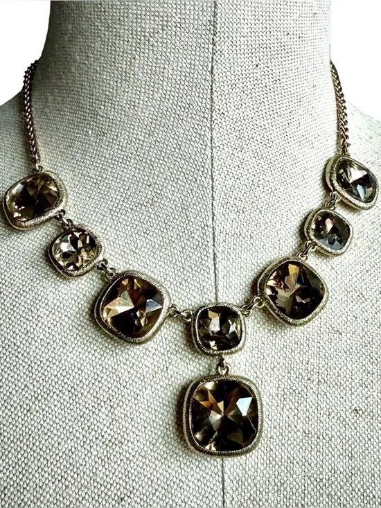 MONET Smoky Crystal Statement Necklace Gold Tone Signed Bib Designer