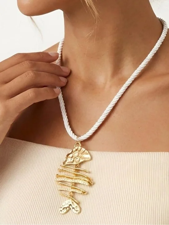 Gold Fishbone Pendant Necklace on White Rope