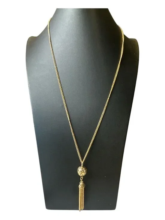 Vintage Gold Tone Tassel Pendant Necklace – 24 Inch Chain – Filigree Bead Drop