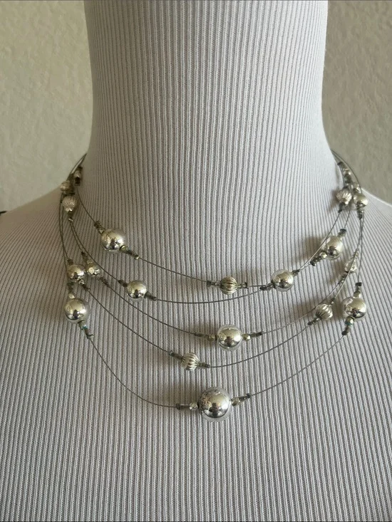 Multi-Strand Silver Bead Wire Necklace - Elegant Layered Look