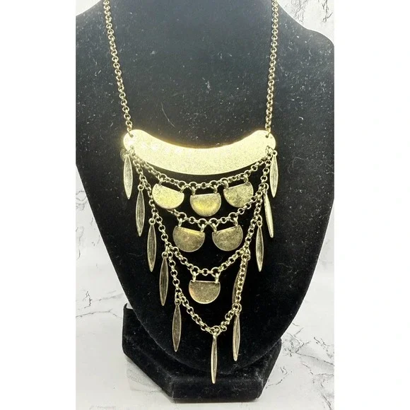 Boho Gold Tone Bib Necklace Textured Dangle‎ Fringe 16-18