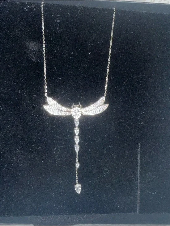 Elegant Silver Dragonfly Pendant Necklace with Clear Stones