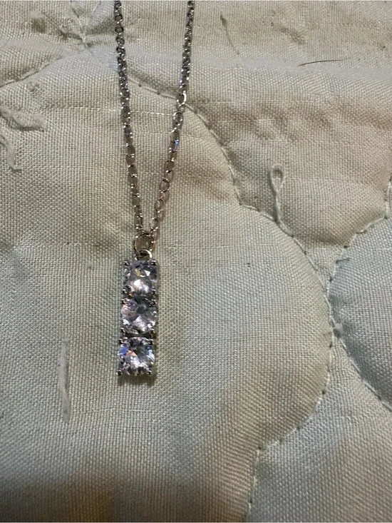 Silver Vertical Bar Necklace with Three Clear Stones - Women Jewelry