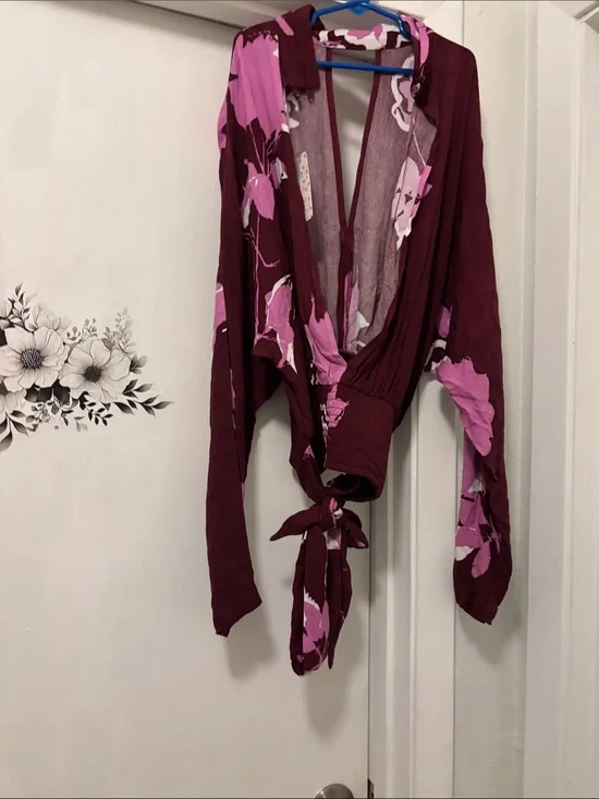 Free People Plum Floral Wrap Blouse with Pink Print