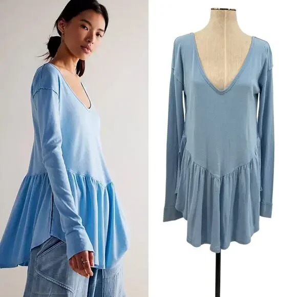 Free People We The Free Rose Petal Tee Shirt Long Sleeve‎ Blue Size Large