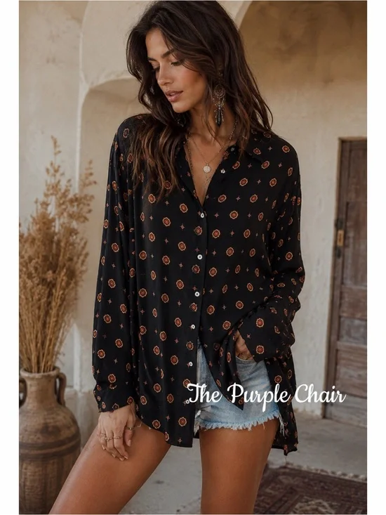 FREE PEOPLE NWT Long Sleeve Printed Button Down Shirt M