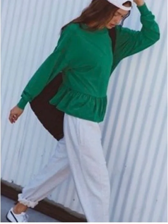 Free People Play Nice Layer Green Ruffle-Hem Pullover, Size Small, NWT