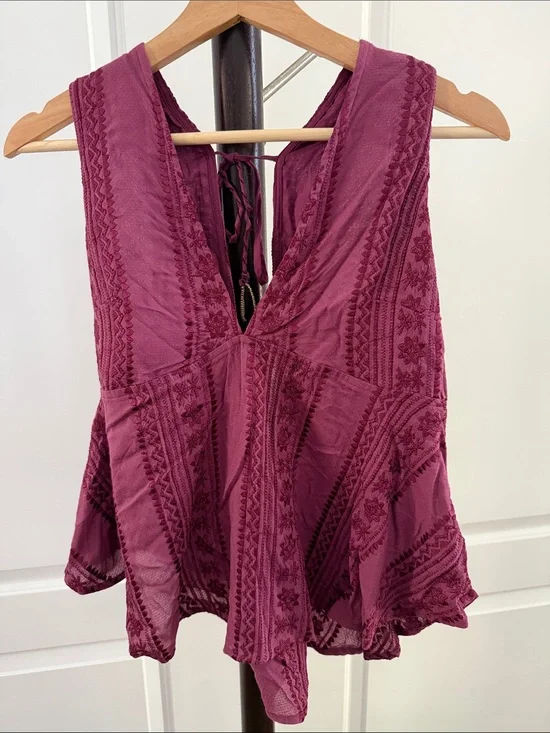 Free People Embroidered V-Neck Camisole in Berry