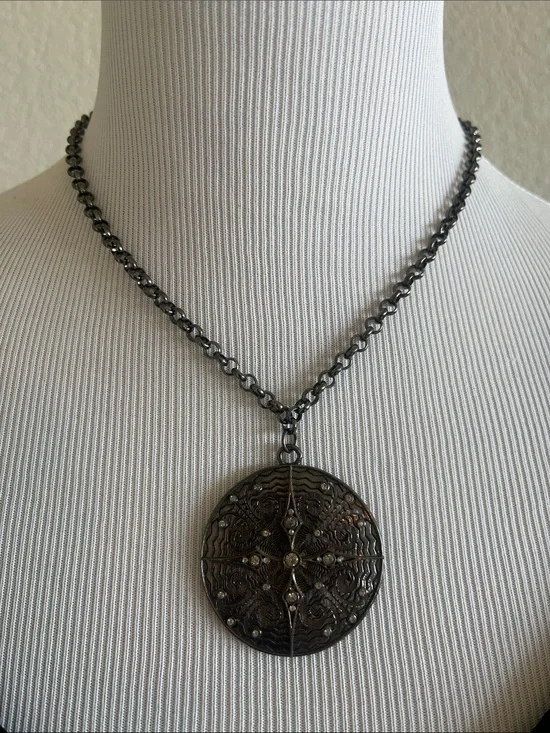 Gunmetal Filigree Round Pendant Necklace - Elegant Women’s Jewelry