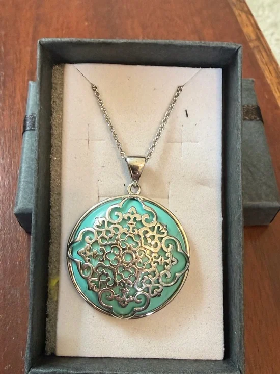 Macy's Silver Filigree Pendant Necklace with Turquoise Enamel