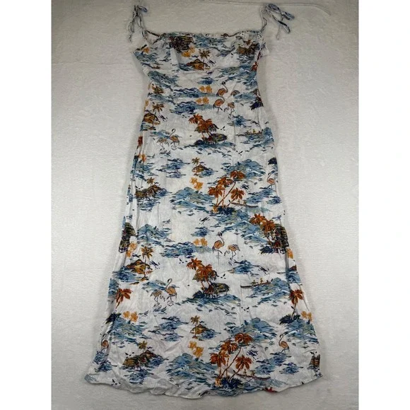 Free People Tropical Flamingo Hawaiian Print Maxi Dress White Blue‎ Size 6