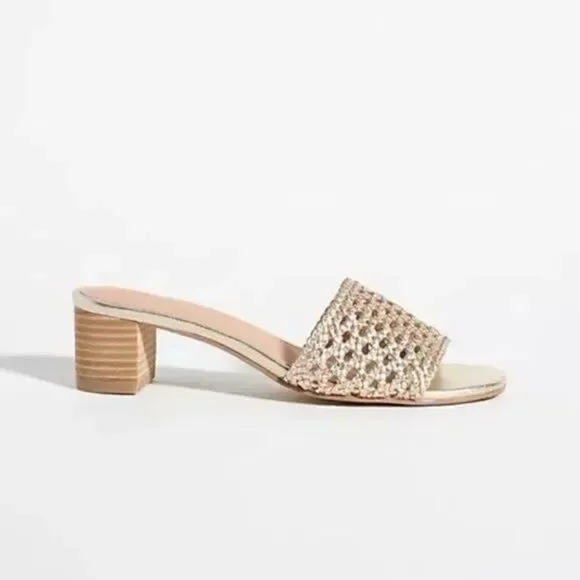 Anthropologie Salt + Umber Tripoli Heels Woven Gold Slide Dressy Sandals US 9