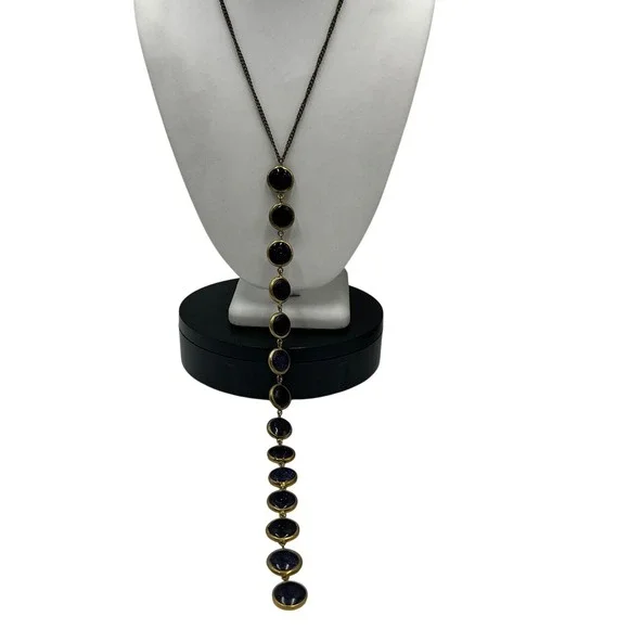 Lena‎ Bernard Signed Stepping Stone Bezel Round Goldstone Long Y Drop Necklace
