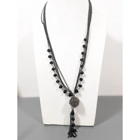 Black‎ Beaded Y Necklace Multi Strand Chain Tassel Pendant 22