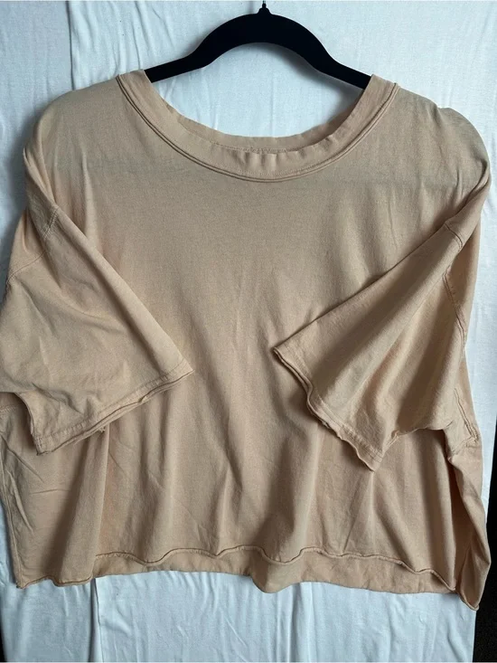 Free People We The Free Perfectly Oversized Cropped Tee Shirt Beige Tan Large