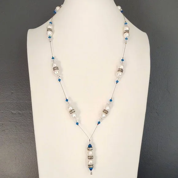 White, blue, clear and cz beaded necklace