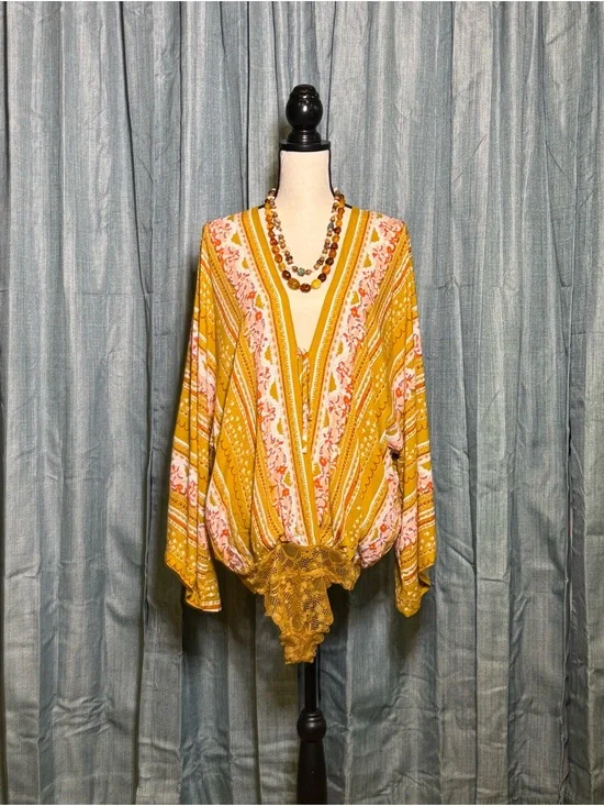 Free People Mustard Floral V-Neck Lace-Hem Tunic