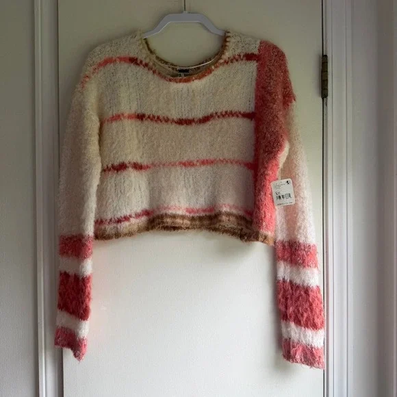 Free People Champagne Dream Comb Fuzzy Striped Cropped Sweater XS OB1530920