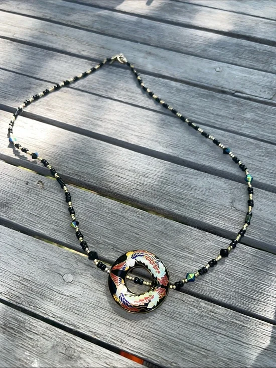 Phoenix cloisonné Black Beaded Necklace Multicolor Enamel