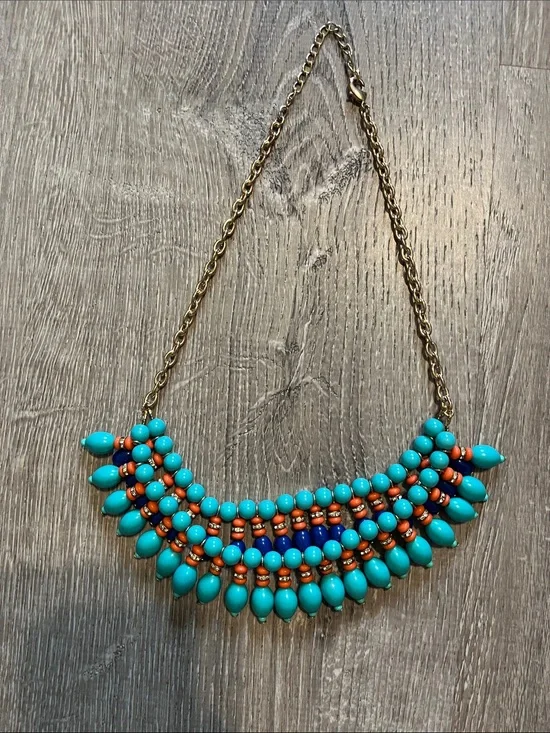 Turquoise Beaded Statement Necklace with Orange Accents