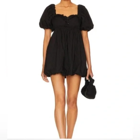 Free People Rendezvous Me  Black Puff Sleeve Mini Babydoll Dress Size Medium