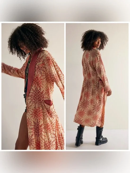 Free People Wild Nights Duster Celestial Sun Print Beige Red Orange Medium