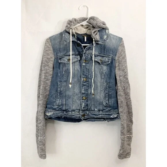 Free People Blue Denim Jacket XS X Small 17” Sweat Hoodie Sleeves Distressed