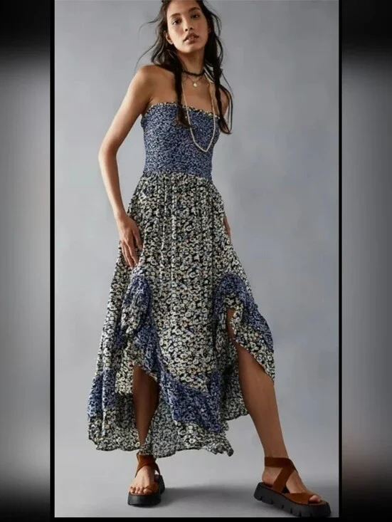 Free People Dress LARGE One I Love in Denim Combo Floral Midi Sundress Boho