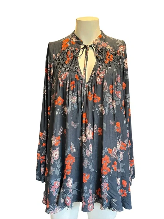 Free People Black Floral Tie-Neck Blouse with Orange Accents