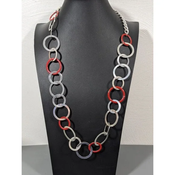 Modernist Silver Tone Red Round Chain Link Long‎ Necklace Statement 32