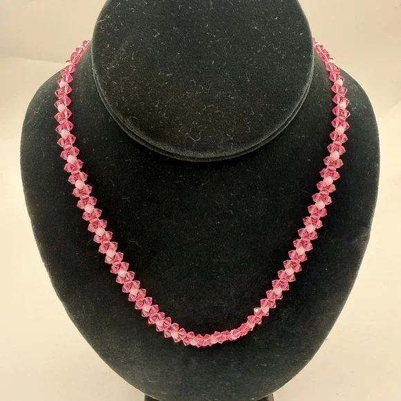 Handmade Pink Crystal Beaded Woven Necklace 17 Inch‎ Bicone Sparkle Artisan