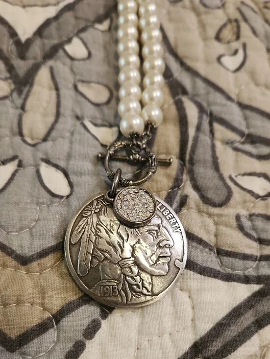 Boutique White Pearl Necklace with Buffalo Nickel Pendant