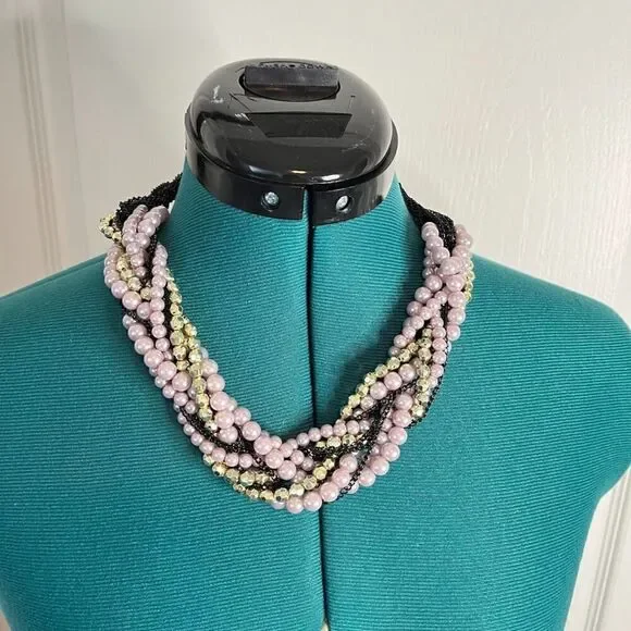 Vintage Multi Layer Twisted Beaded Faux Pearl Braided Chunky Statement Necklace