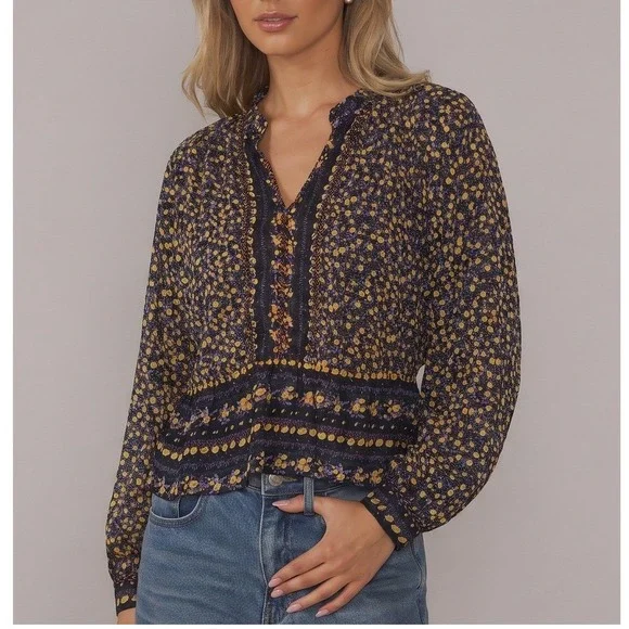 Free People Floral Beaded Peplum Crop Blouse XS Black Yellow Dolman Sleeve