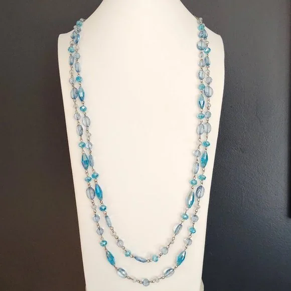 Long double strand blue beaded necklace