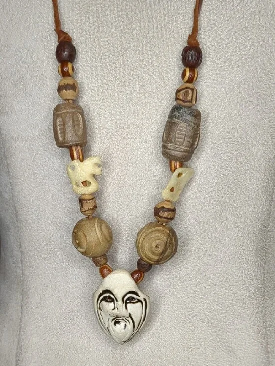 Vintage Rare Tribal Mask Necklace Carved Fu Manchu Foo Dog Beads Handmade