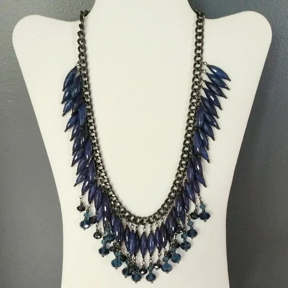 Dark blue beaded fringe tassel statement necklace