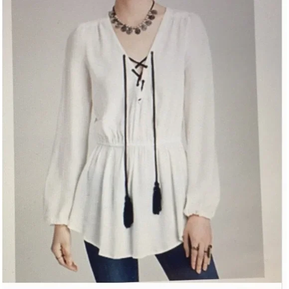 FREE PEOPLE Lace Up Tassel Tunic Blouse Womens White Boho Peasant Top Size M