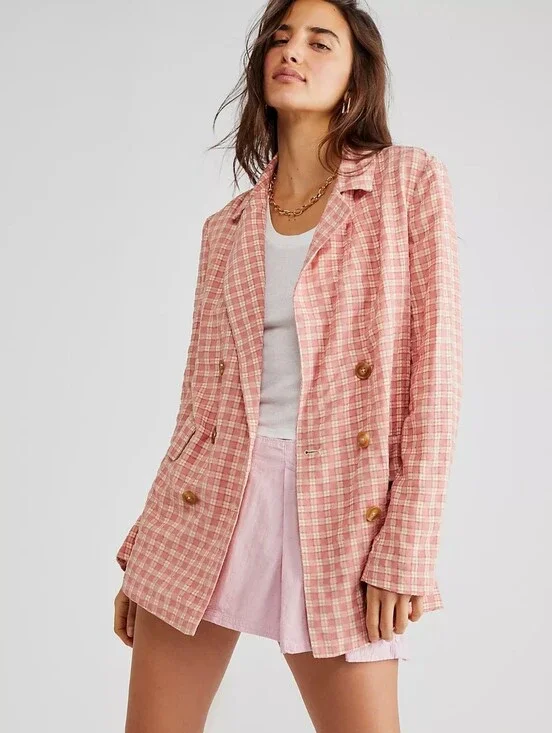 FREE PEOPLE Olivia Gingham Double Breasted Blazer XL