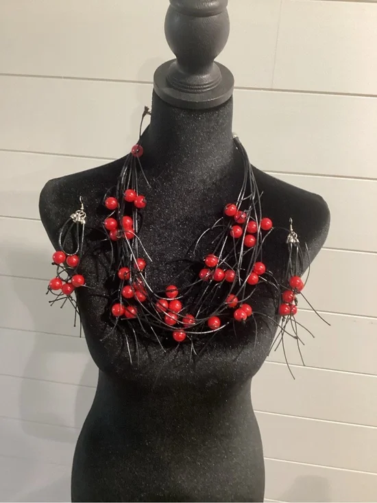 Red Beaded Multi-Strand Necklace and Earrings Set