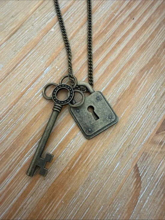 Antique-Style Key and Padlock Pendant Necklace - Brass Tone